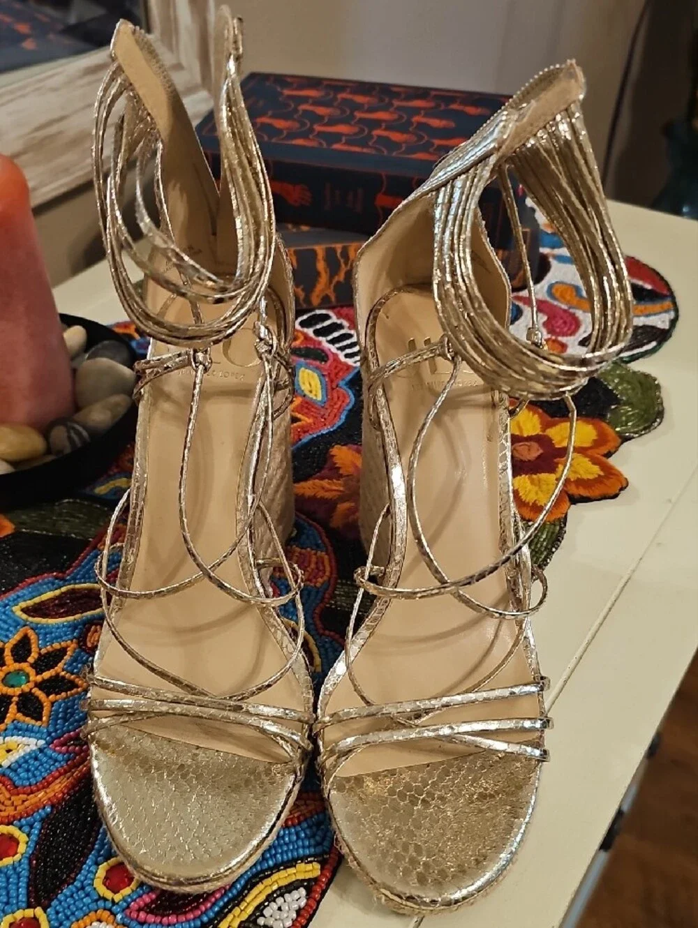 JLo Women's Metallic Gold Lace-Up Espadrille Wedge Sandals In Box